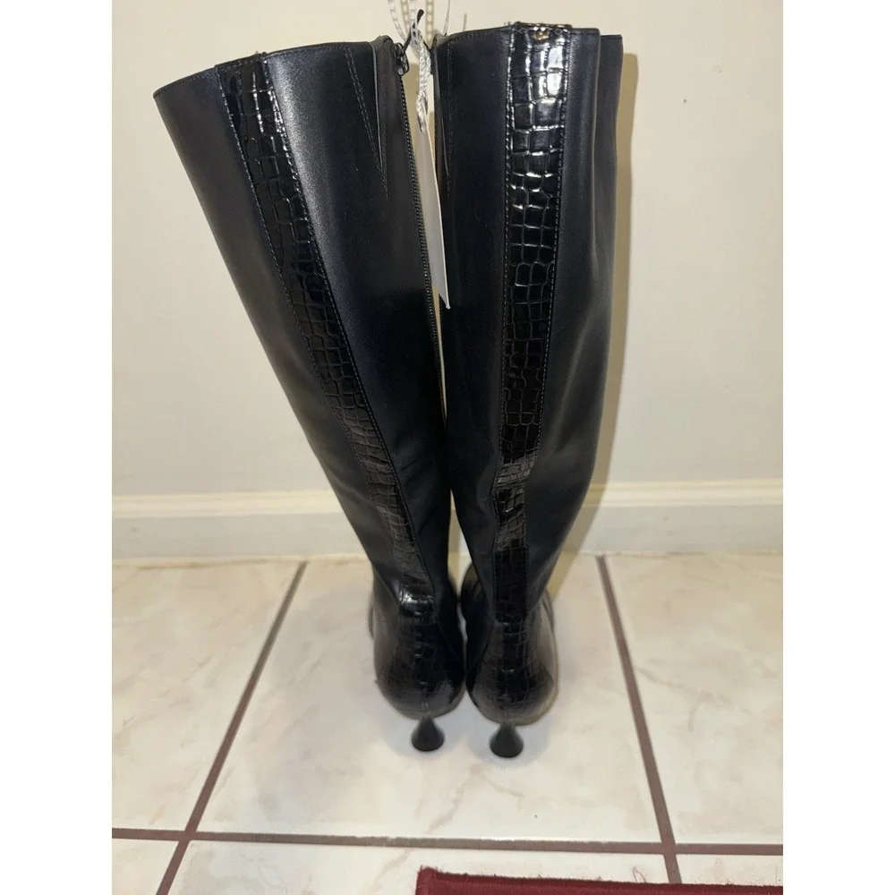 NWOB Alex Marie Sleek Black Kitten Heeled Boots Croc Leather Stripe Size 7 - Picture 7 of 11